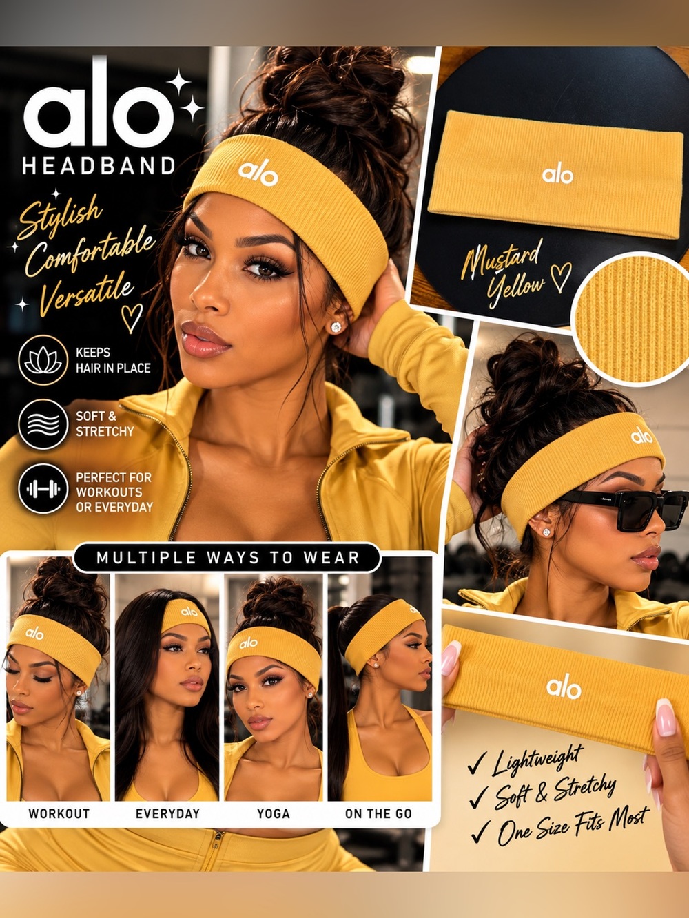 ALO Yoga Mustard Yellow Ribbed Headband - Stretchy Logo Hairband